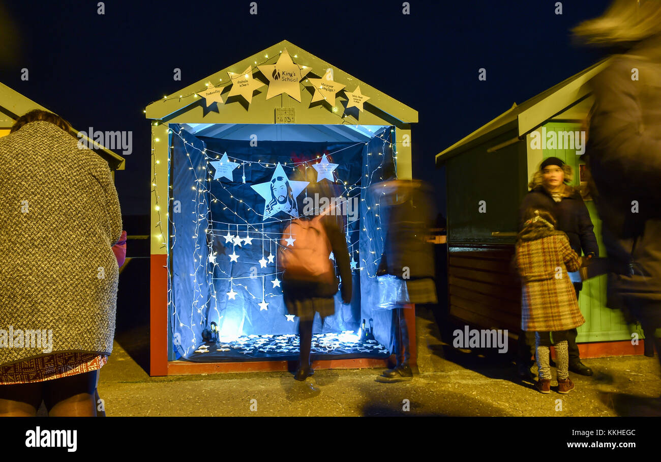 Hove Sussex, UK. 1st Dec, 2017. The first of the Hove Beach Hut Advent Calendar opened this evening and was designed by the local Kings School . The 10th Annual Beach Hut Advent Calendar will run from the 1st-24th December at various huts along Hove Seafront with one being opened each night up until Christmas Credit: Simon Dack/Alamy Live News Stock Photo
