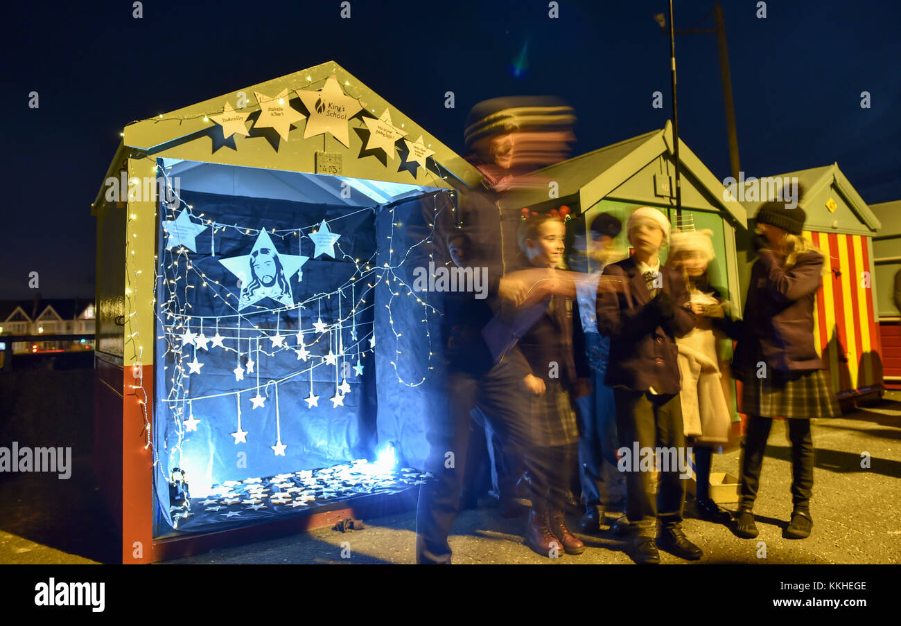 Hove Sussex, UK. 1st Dec, 2017. The first of the Hove Beach Hut Advent Calendar opened this evening and was designed by the local Kings School . The 10th Annual Beach Hut Advent Calendar will run from the 1st-24th December at various huts along Hove Seafront with one being opened each night up until Christmas Credit: Simon Dack/Alamy Live News Stock Photo