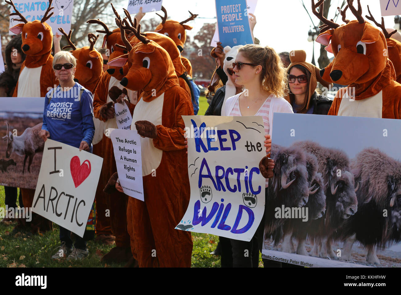 Washington, United States. 30th Nov, 2017. Alaska Wilderness League activists wear caribou costumes during a protest against drilling in the Arctic National Wildlife Refuge outside the U.S. Capitol November 30, 2017 in Washington, DC. The Republican led Senate is attempting to allow oil drilling in the Arctic by hiding it in the tax cut bill. (photo by US Senate Photo via Credit: Planetpix/Alamy Live News Stock Photo