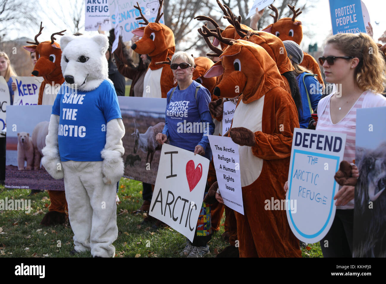 Washington, United States. 30th Nov, 2017. Alaska Wilderness League activists wear caribou costumes during a protest against drilling in the Arctic National Wildlife Refuge outside the U.S. Capitol November 30, 2017 in Washington, DC. The Republican led Senate is attempting to allow oil drilling in the Arctic by hiding it in the tax cut bill. (photo by US Senate Photo via Credit: Planetpix/Alamy Live News Stock Photo