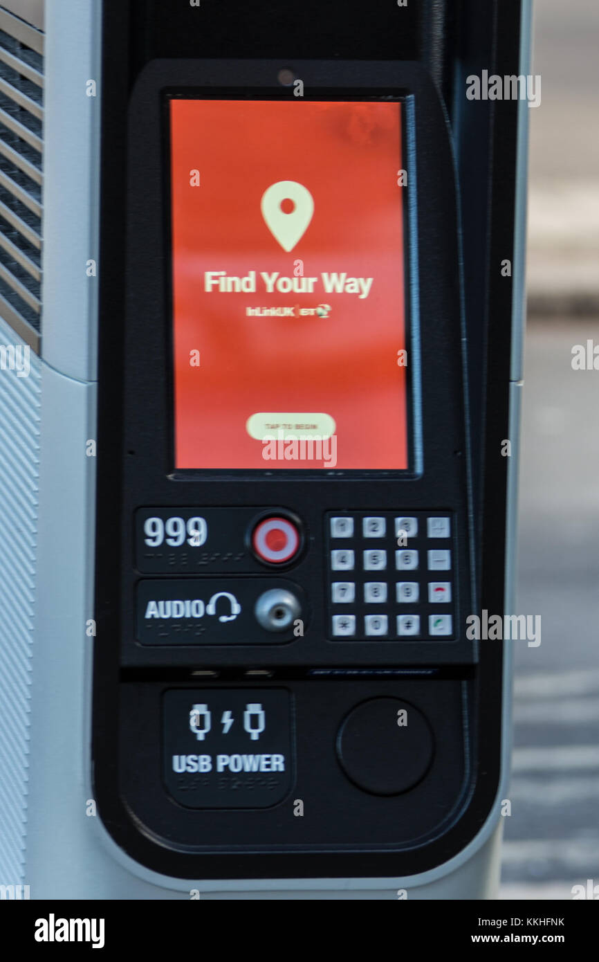 Peckham, London, UK. 1 December 2017. A new BT InLinkUK machine at the Nigel Road bus stop, The machine provides ultrafast, free public Wi-Fi, phone calls, device charging and a tablet for access to city services, maps and directions.David Rowe/Alamy Live News. Stock Photo