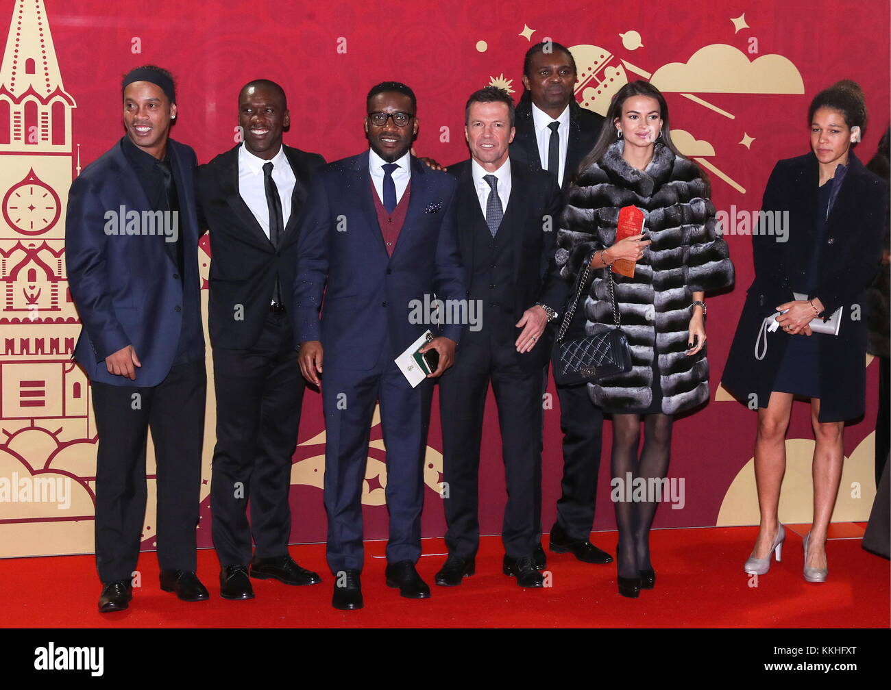 Moscow, Russia. 1st Dec, 2017. Brazilian forward Ronaldinho, Dutch retired midfielder Clarence Seedorf, Nigerian midfielder Augustine Jay-Jay Okocha, German retired midfielder Lothar Matthaus with wife Anastasia Klimko (L-R front), and Nigerian retired forward Nwankwo Kanu (back) pose ahead of the 2018 FIFA World Cup final draw at the State Kremlin Palace. Credit: Valery Sharifulin/TASS/Alamy Live News Stock Photo