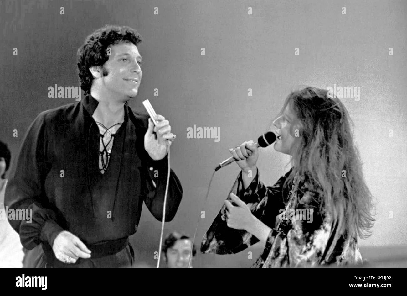 This photograph from 1969 captures iconic musicians Janis Joplin and Tom Jones during their prime years in the music industry. Both artists had a profound impact on the music scene in the 1960s and are remembered for their distinctive styles and performances. Stock Photo