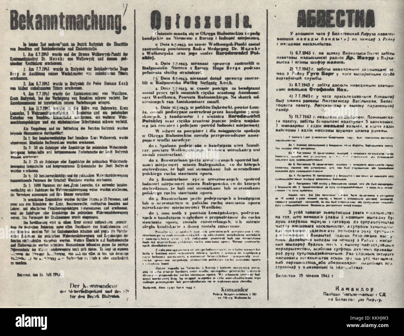 German announcement about mass repressions against the population of