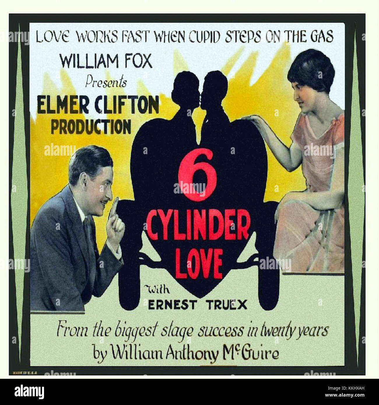 The '6 Cylinder Love' poster is a vintage promotional poster for a car, featuring a romanticized depiction of the automobile. The poster highlights the allure and appeal of the car during its era, capturing the cultural fascination with cars in the 20th century. Stock Photo