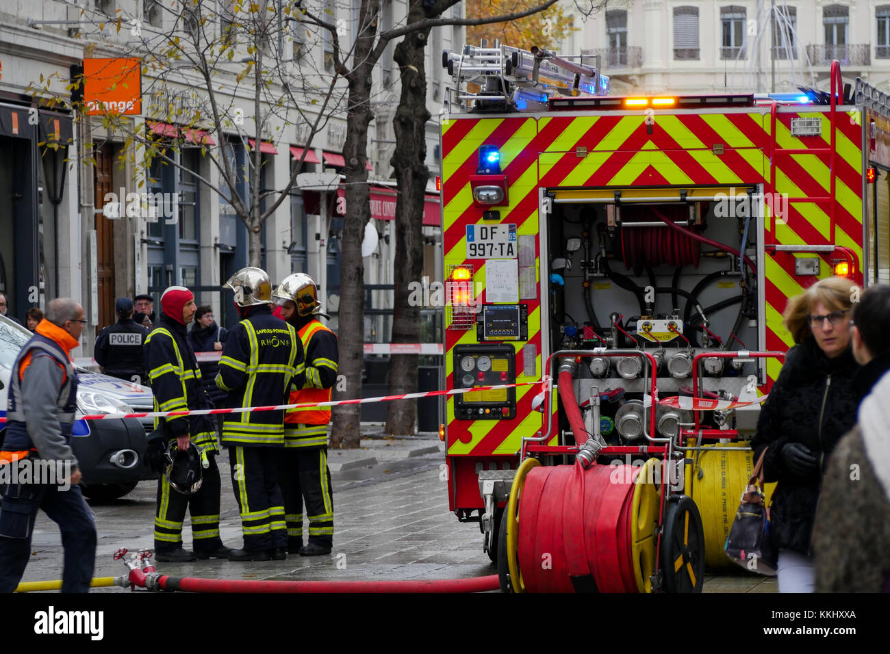 Heavy security disposal after a Gas leak alert in the city center, Lyon