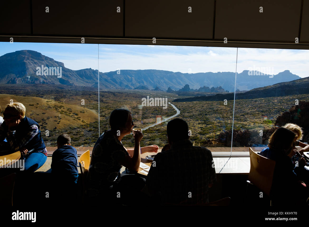 Tenerife, Spain - November 2017: People enjoying the view inside the cable car station cafe on Pico del Teide, tenerife, Spain. Stock Photo