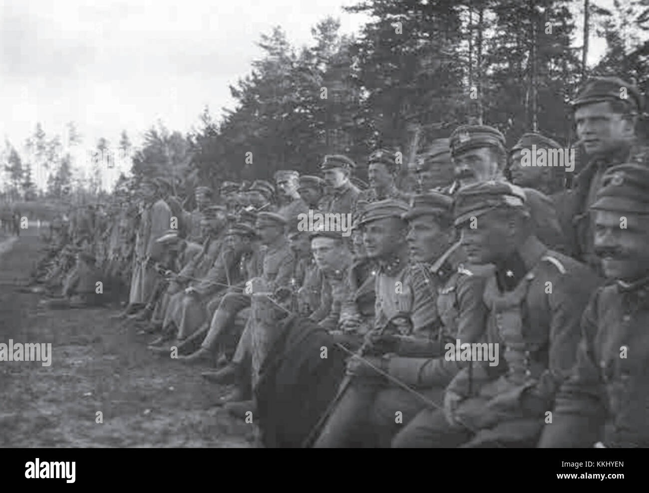 This image from 1916 shows JÃ³zef PiÅ‚sudski, the Polish statesman and military leader, visiting Polish legionaries during World War I, symbolizing his leadership and support for the Polish independence movement. Stock Photo