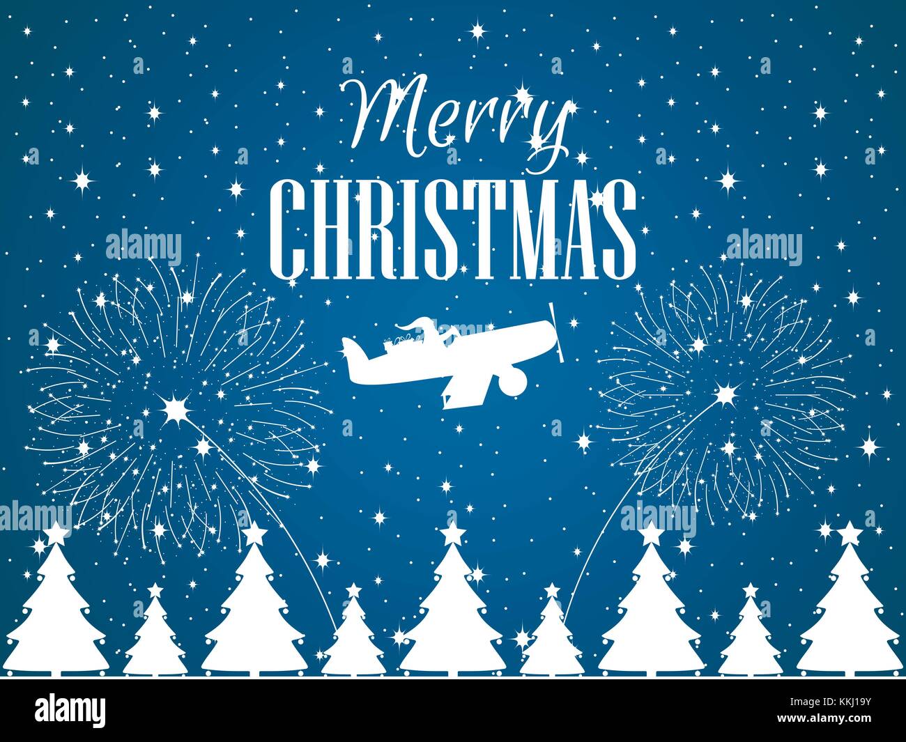 Merry Christmas Santa Claus flies on an airplane Winter background with falling snow