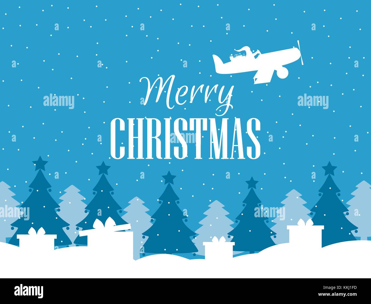 Merry Christmas Santa Claus flies on an airplane and throws presents Winter background with