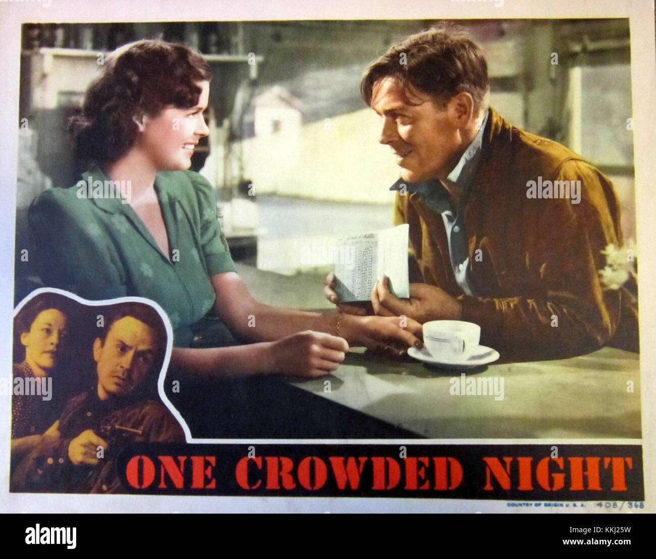 One Crowded Night is a 1940s American film, with a lobby card depicting a dramatic scene from the movie. The film is known for its ensemble cast and its portrayal of mid-20th-century American life. Stock Photo