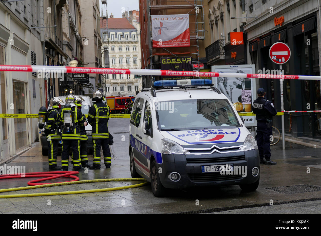 Heavy security disposal after a Gas leak alert in the city center, Lyon