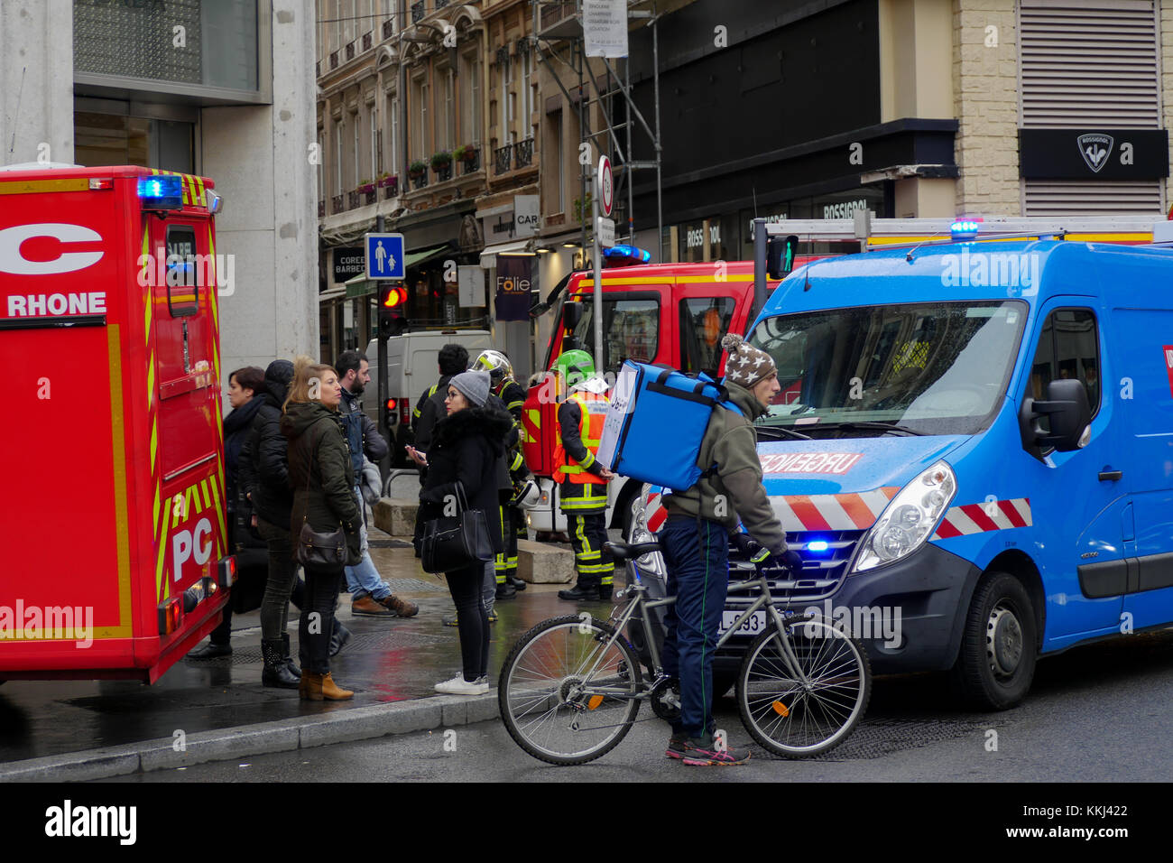 Heavy security disposal after a Gas leak alert in the city center, Lyon
