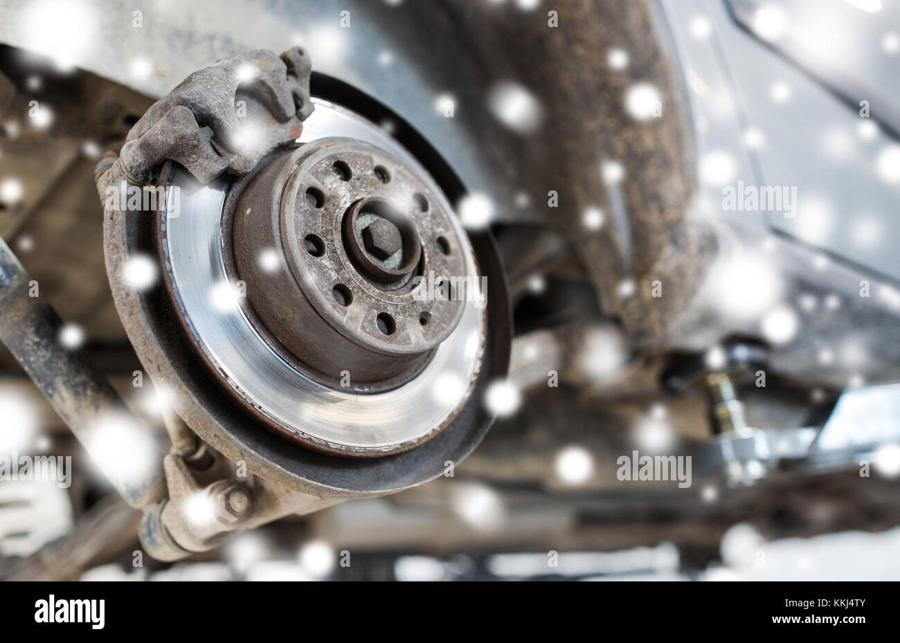 car brake disc at repair station over snow Stock Photo Alamy