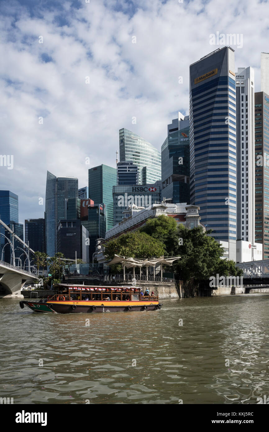 The skyline of modern Singapore photographed in July 2017 where the Singapore River meets Marina Bay Stock Photo