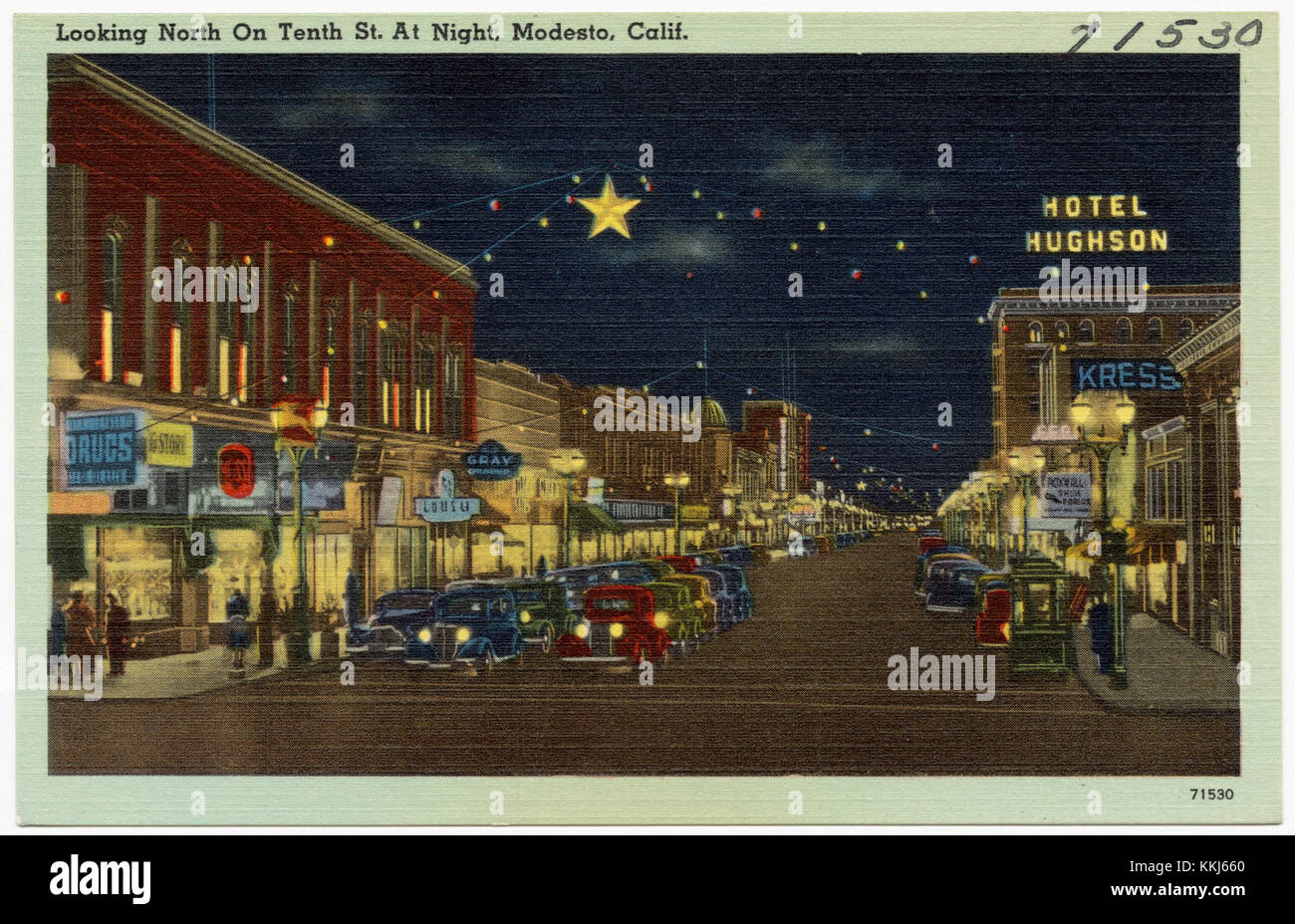 Looking North On Tenth St. At Night, Modesto, Calif (71530) Stock Photo