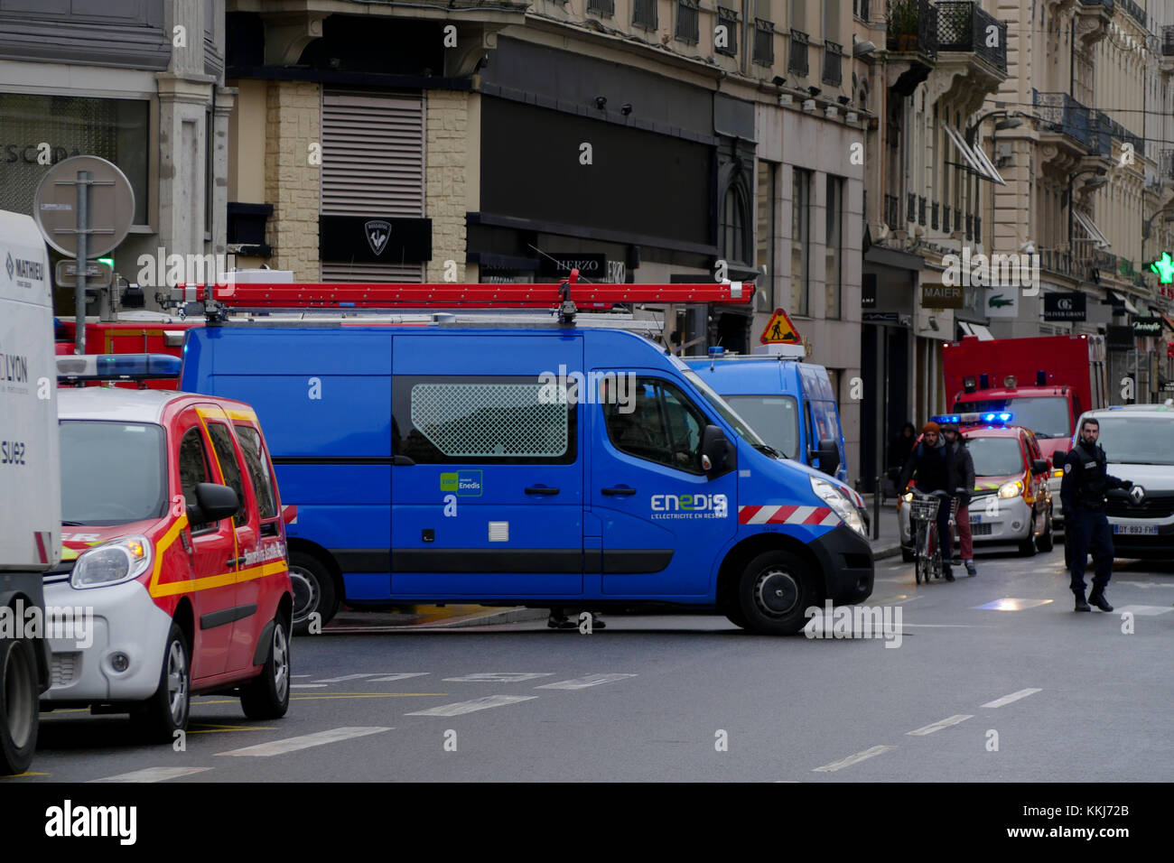 Heavy security disposal after a Gas leak alert in the city center, Lyon