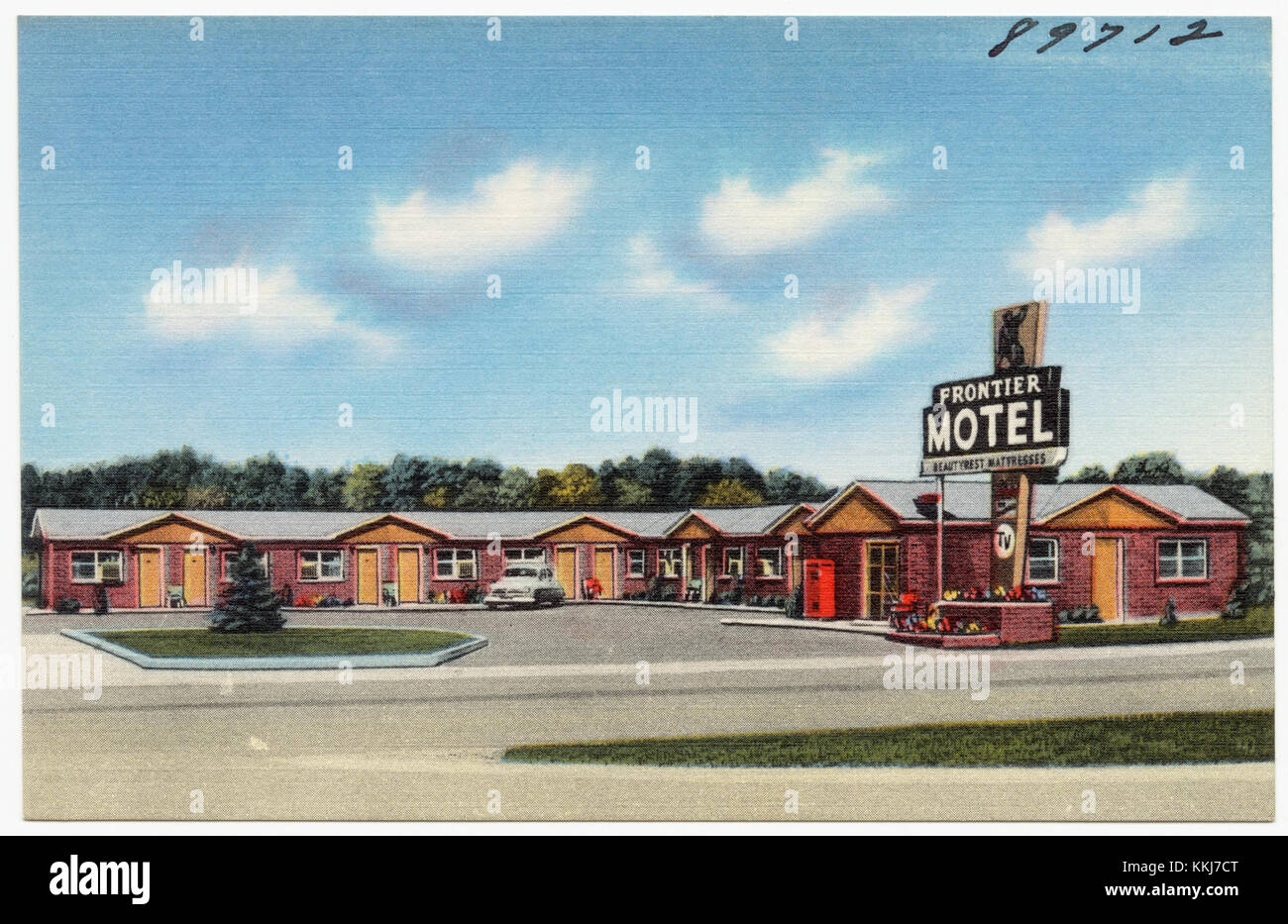 The Frontier Motel, likely a roadside motel, reflects mid-20th century ...
