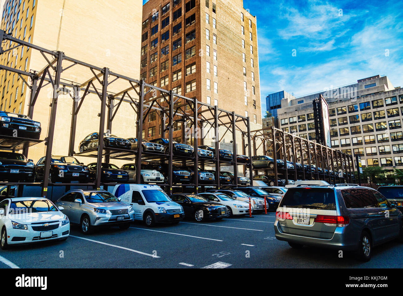 Multi-level parking system in Manhattan, New York City, US Stock Photo