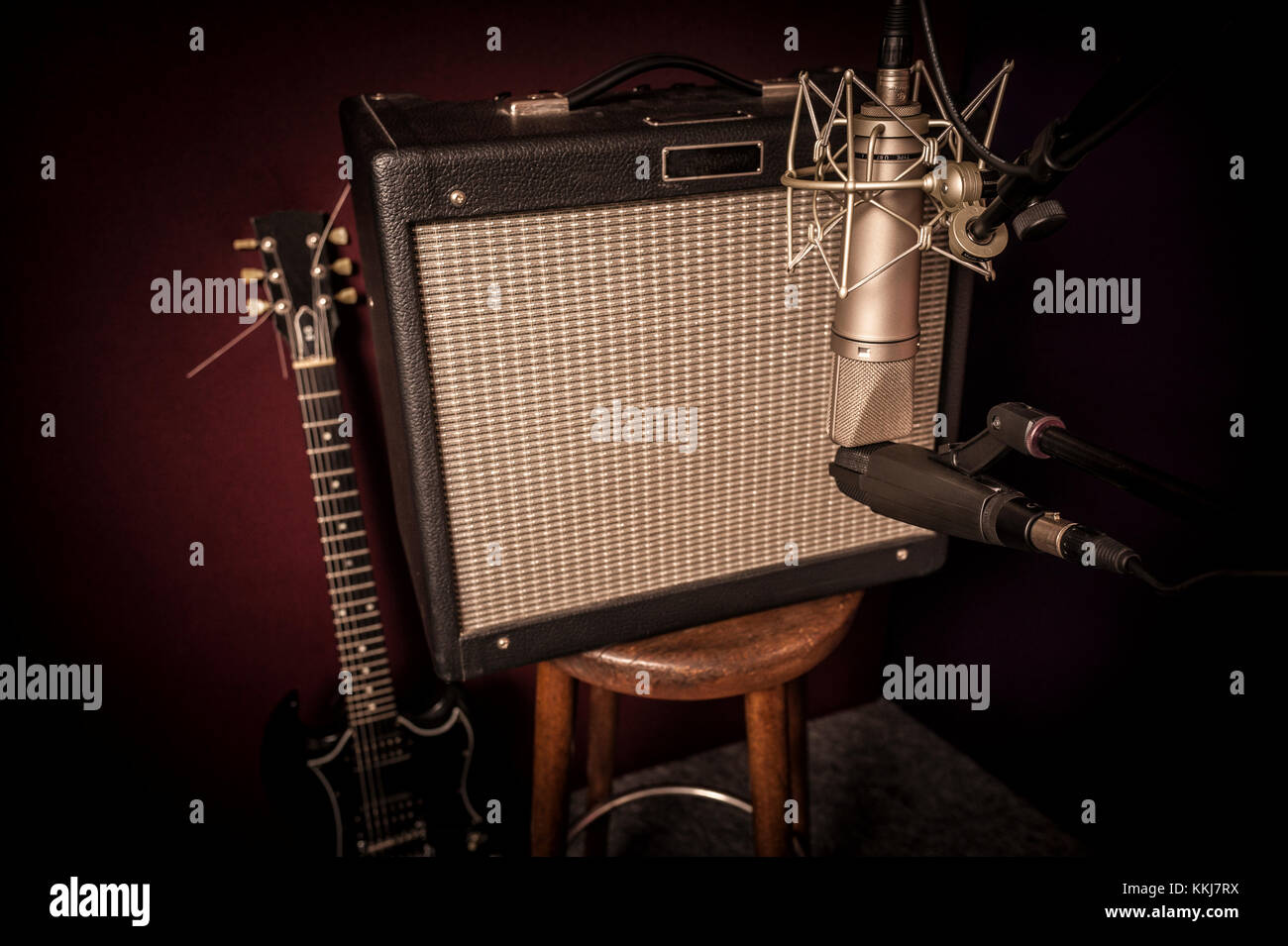 Electric guitar recording studio set up, with two separate microphones