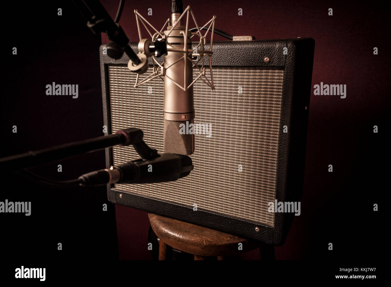 close up of an electric guitar recording studio set up, with different