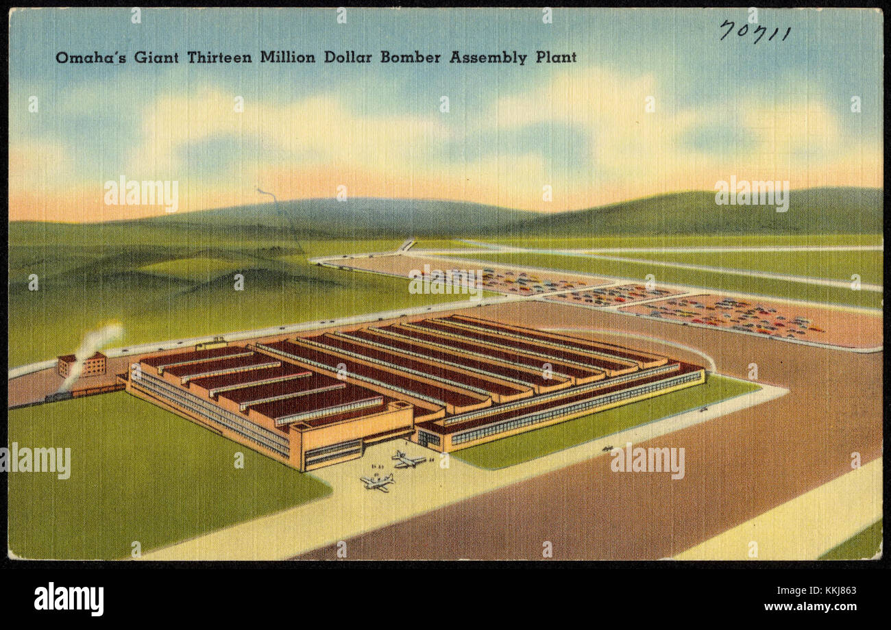 Omaha's bomber assembly plant was a significant industrial facility during World War II. It played a crucial role in producing bombers for the U.S. military, reflecting the industrial effort during wartime. Stock Photo