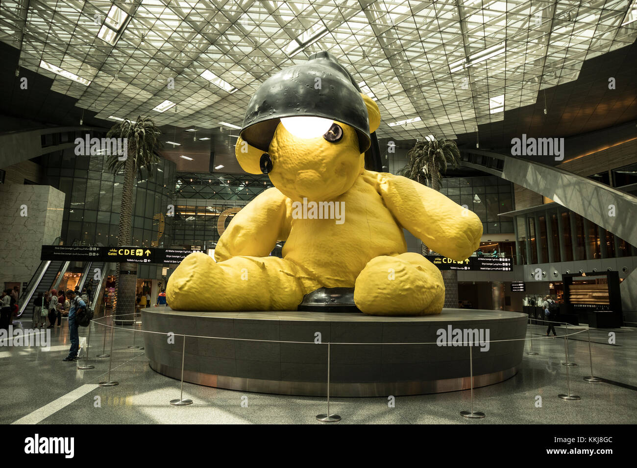 Giant teddy bear in the main reception hall at Hamad International