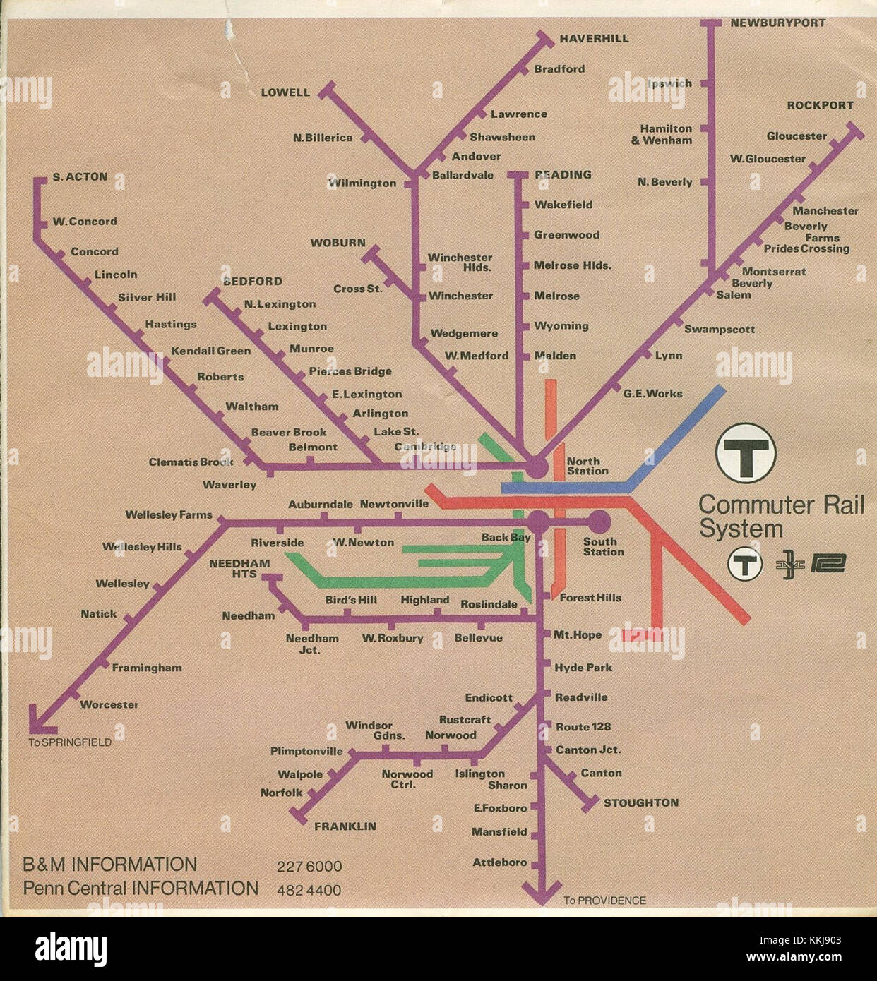 This map, from 1975, illustrates the routes and stations of the MBTA ...
