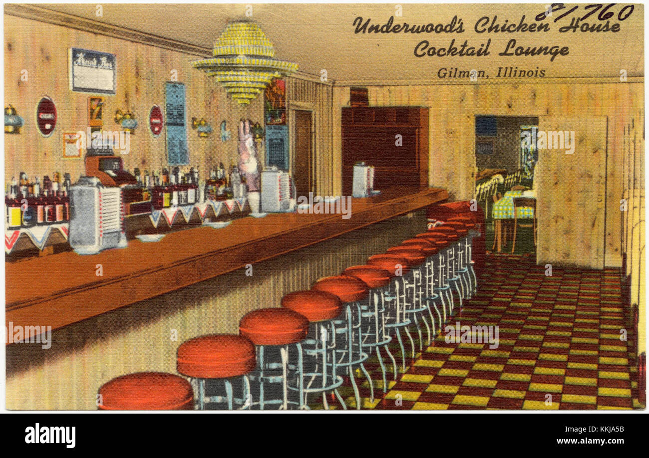 Underwood's Chicken House Cocktail Lounge in Gilman, Illinois, was a notable dining and social venue known for its distinctive atmosphere. Established in the mid-20th century, it provided patrons with a blend of Southern-style cuisine and a lively bar experience. Stock Photo