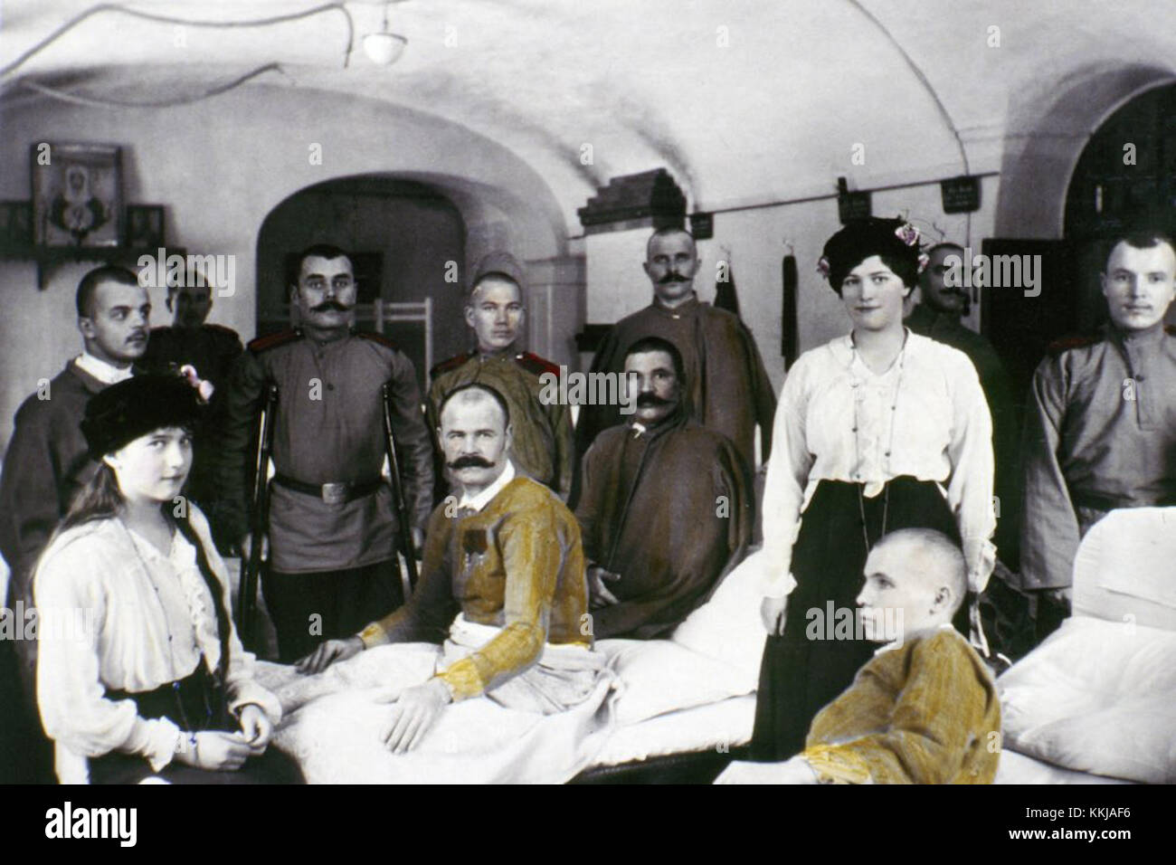 UNDATED:  Tsar Nicholas II daughters Anastasia (born 1901) and Maria Romanov (born in 1899) visit wounded soldiers in hospital during World War I. The series of the unique pictures were taken by the Tsar Nicholas II himself or people close to the royal family. They were realized in 1915-1916, the most terrible years of World War I.  Nicholas II was an insatiable photographer. He took special care of pictures, filed them with care in numerous albums. He passed down his love for photography to Maria, his third daughter, who is responsible for colouring most of the pictures.  (Photo: Laski Diffus Stock Photo