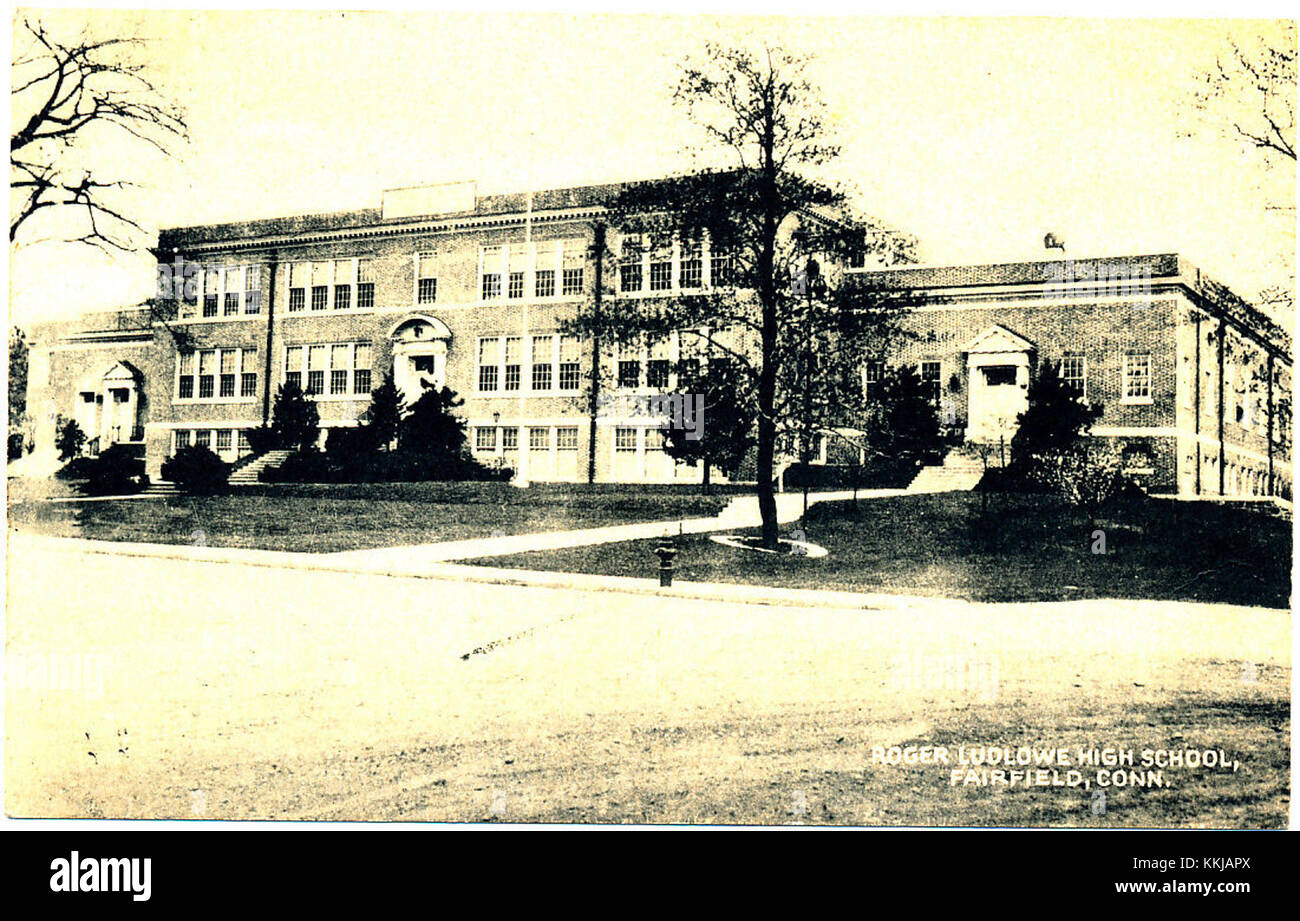 This postcard features Roger Ludlowe High School in Fairfield