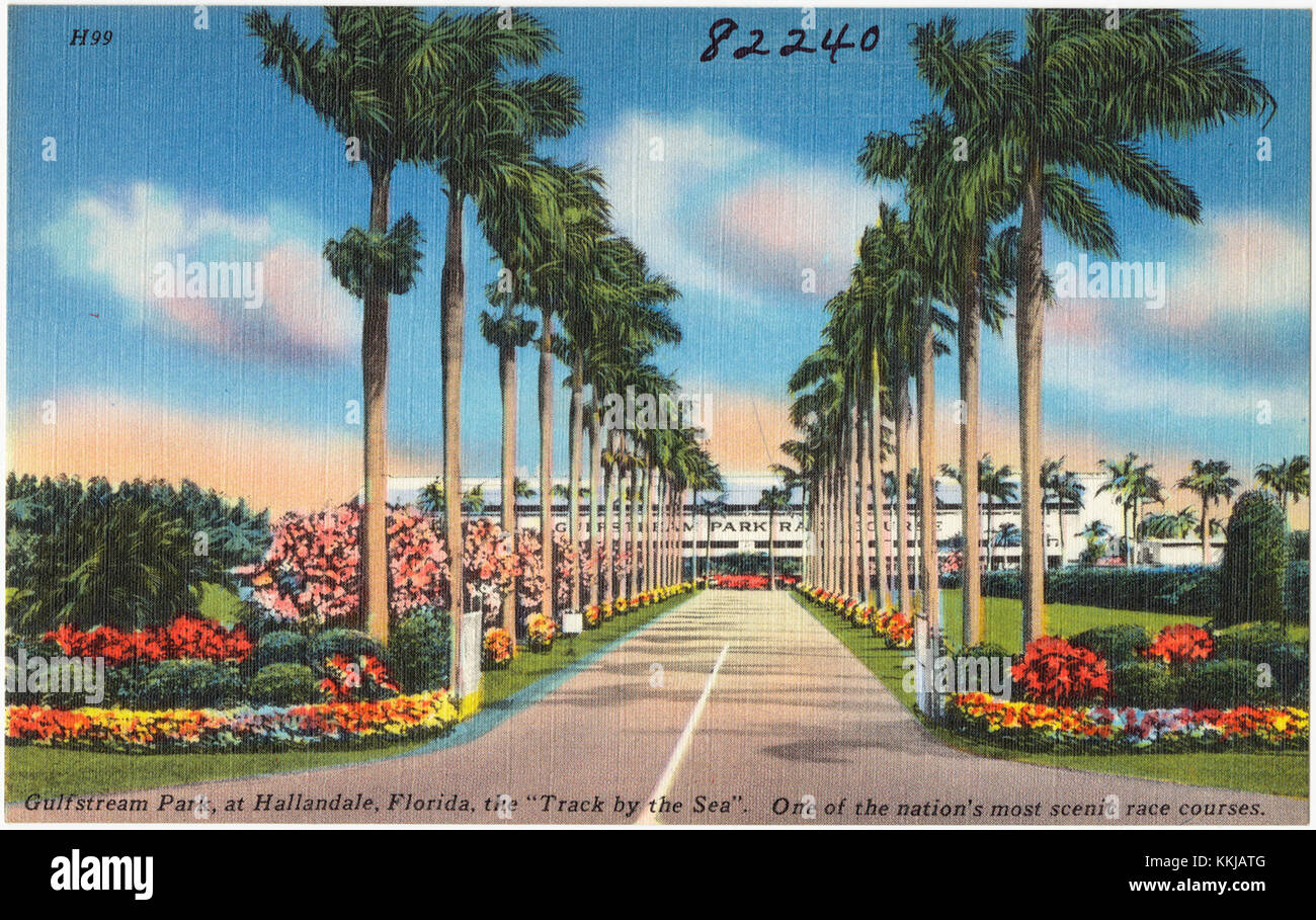 An image of the entrance to Gulfstream Park in Hallandale, Florida, known as 'the track by the sea,' highlighting its scenic beauty and reputation as a premier horse racing venue. Stock Photo
