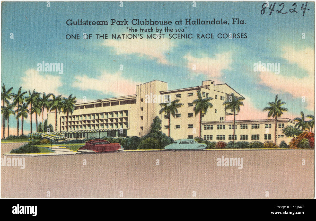 Gulfstream Park Clubhouse, located in Hallandale, Florida, is renowned for its picturesque setting by the sea. It is recognized as one of the most scenic racecourses in the United States, offering both horse racing and a stunning view of the surrounding area. Stock Photo