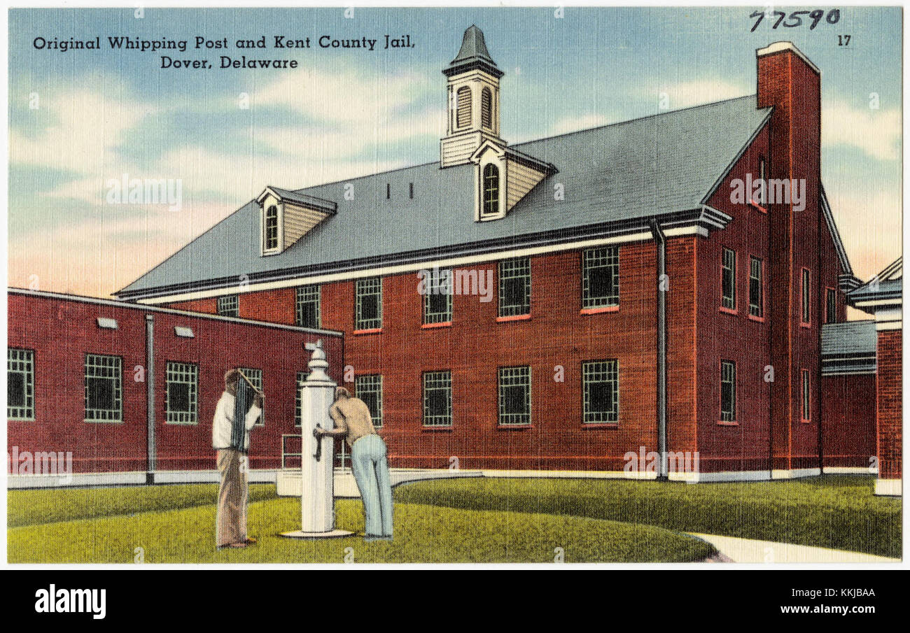 The original whipping post at the Kent County Jail in Dover, Delaware, served as a historical tool of punishment in colonial America, reflecting the justice system of the time. Stock Photo