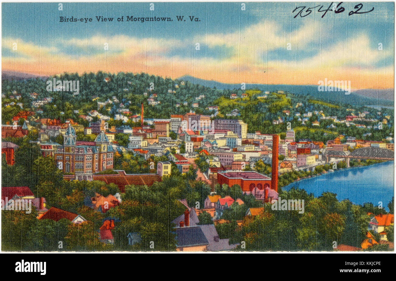 This aerial view captures the cityscape of Morgantown, West Virginia ...