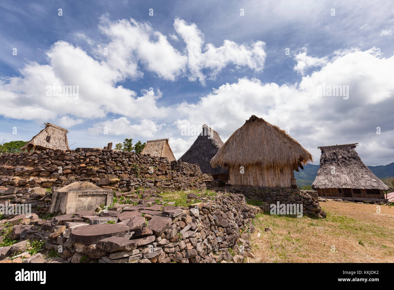 Traditional houses in the Wologai village near Kelimutu in East Nusa Tenggara, Indonesia. Stock Photo