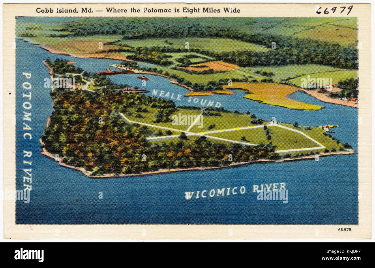 This photograph depicts Cobb Island, located in the Potomac River, Maryland. It highlights the river's width of eight miles at this point and the surrounding natural landscape. Stock Photo