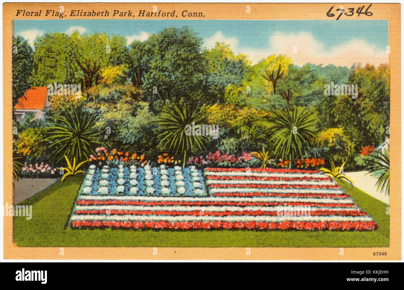 This photograph shows a floral flag at Elizabeth Park in Hartford, Connecticut, captured as part of a floral display, symbolizing national pride and artistic expression. Stock Photo