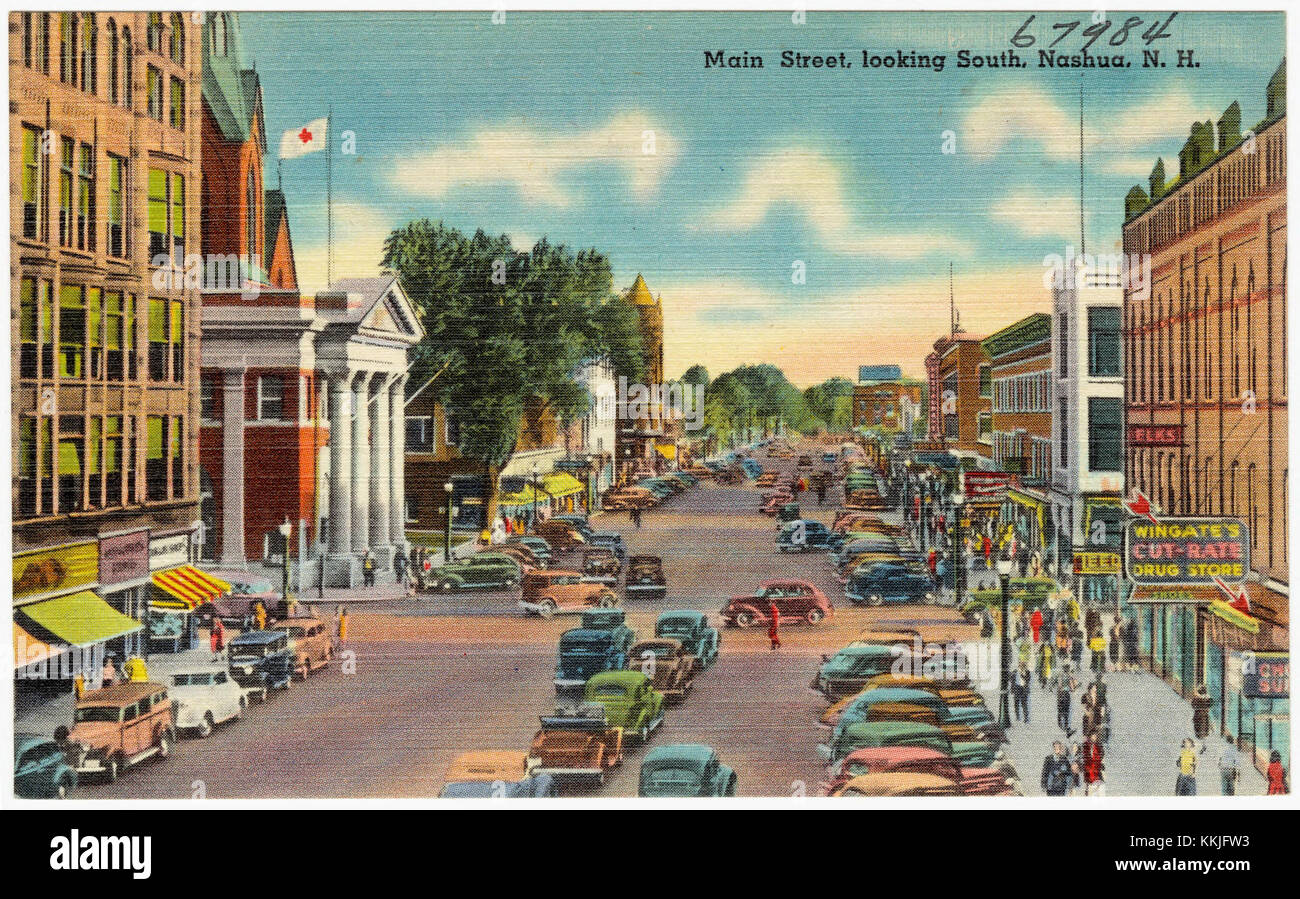 Main Street in Nashua, New Hampshire, looking south, showcases the vibrant  urban scene of the city. This view highlights the local businesses,  architecture, and community life in the area Stock Photo -, image size:1300x899