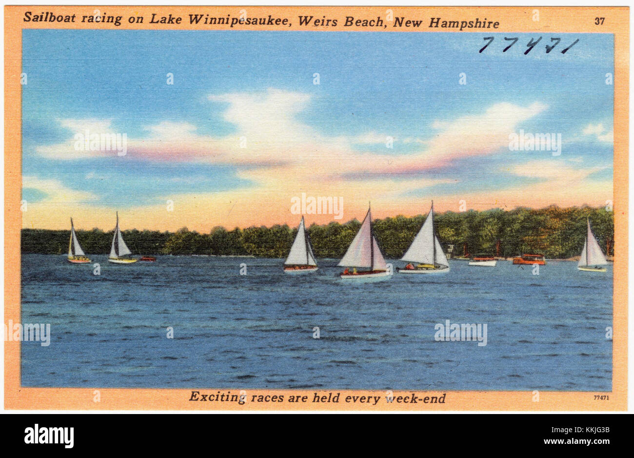 Sailboat racing on Lake Winnipesaukee, Weirs Beach, New Hampshire, exciting races are held every week-end (77421) Stock Photo