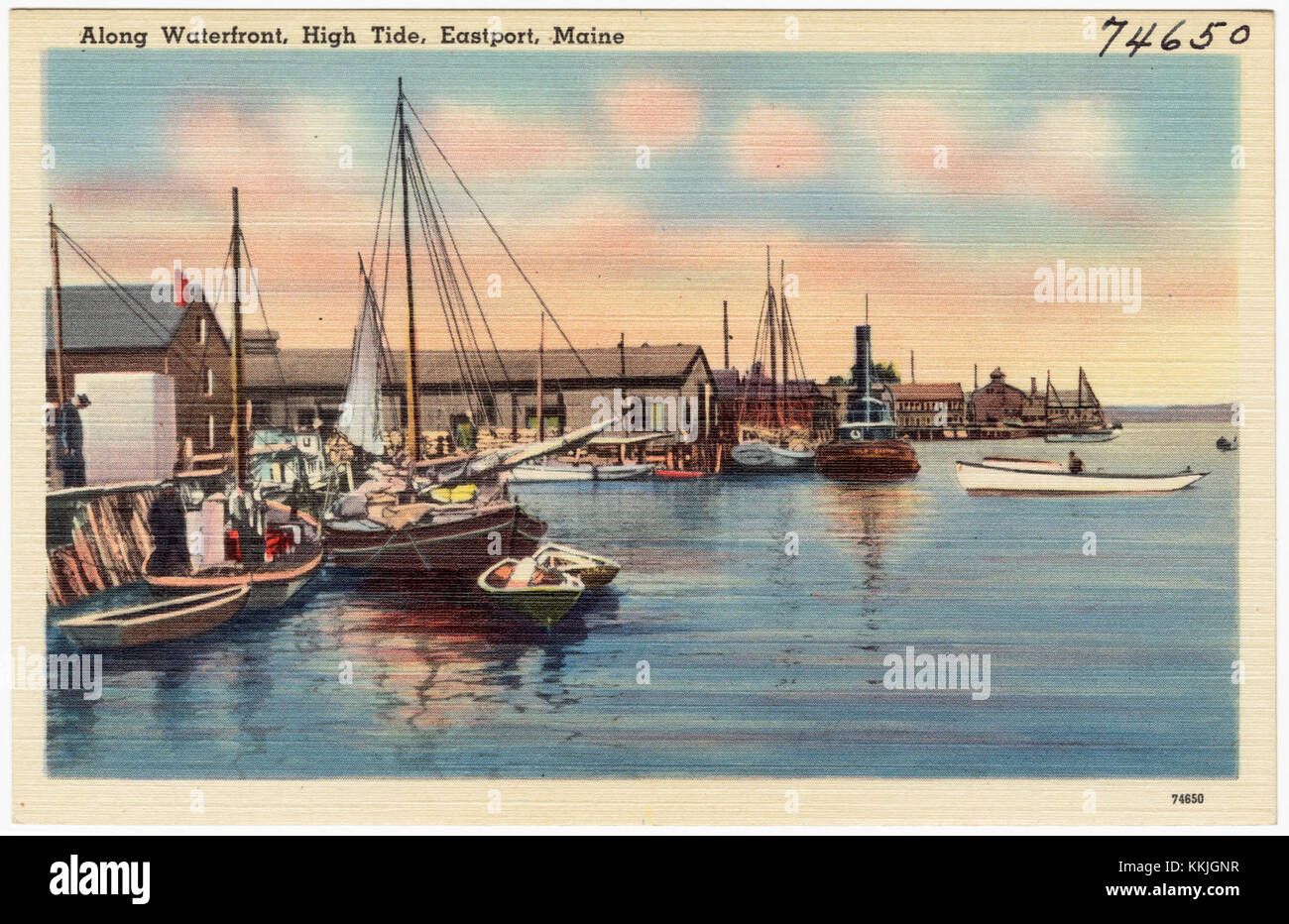A scenic view of Eastport, Maine, at high tide, showcasing the