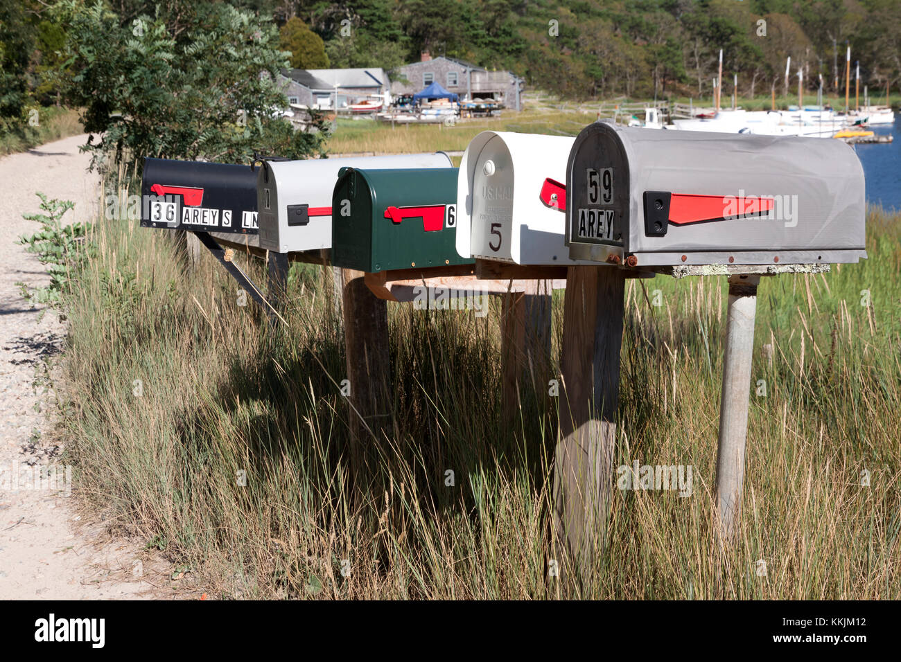 Mailboxes along Arey's Lane in Orleans, Massachusetts on Cape Cod. Stock Photo