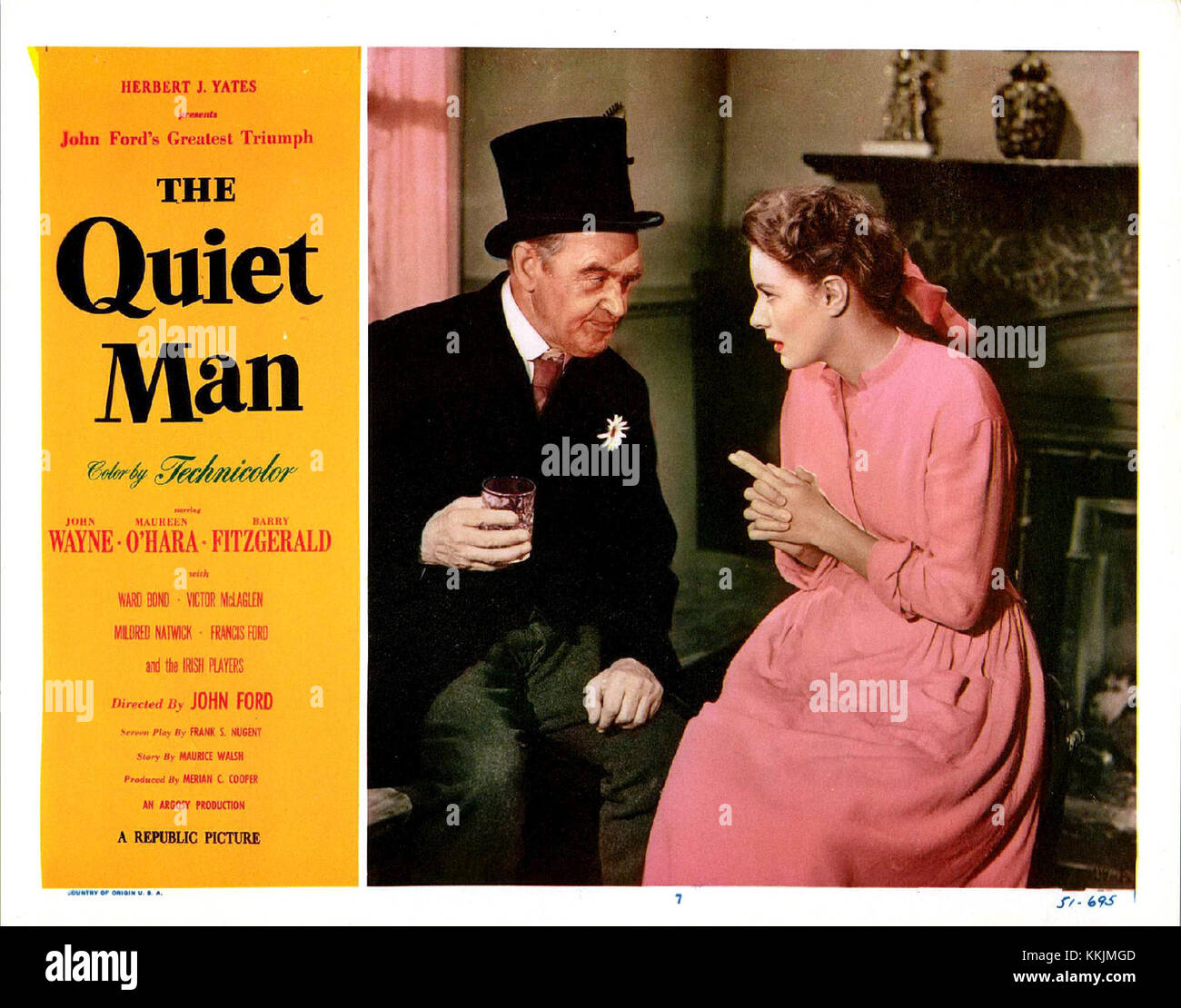 The Quiet Man, a 1952 film directed by John Ford and starring John Wayne and Maureen O'Hara, is a beloved classic. This lobby card captures a key moment from the iconic film. Stock Photo