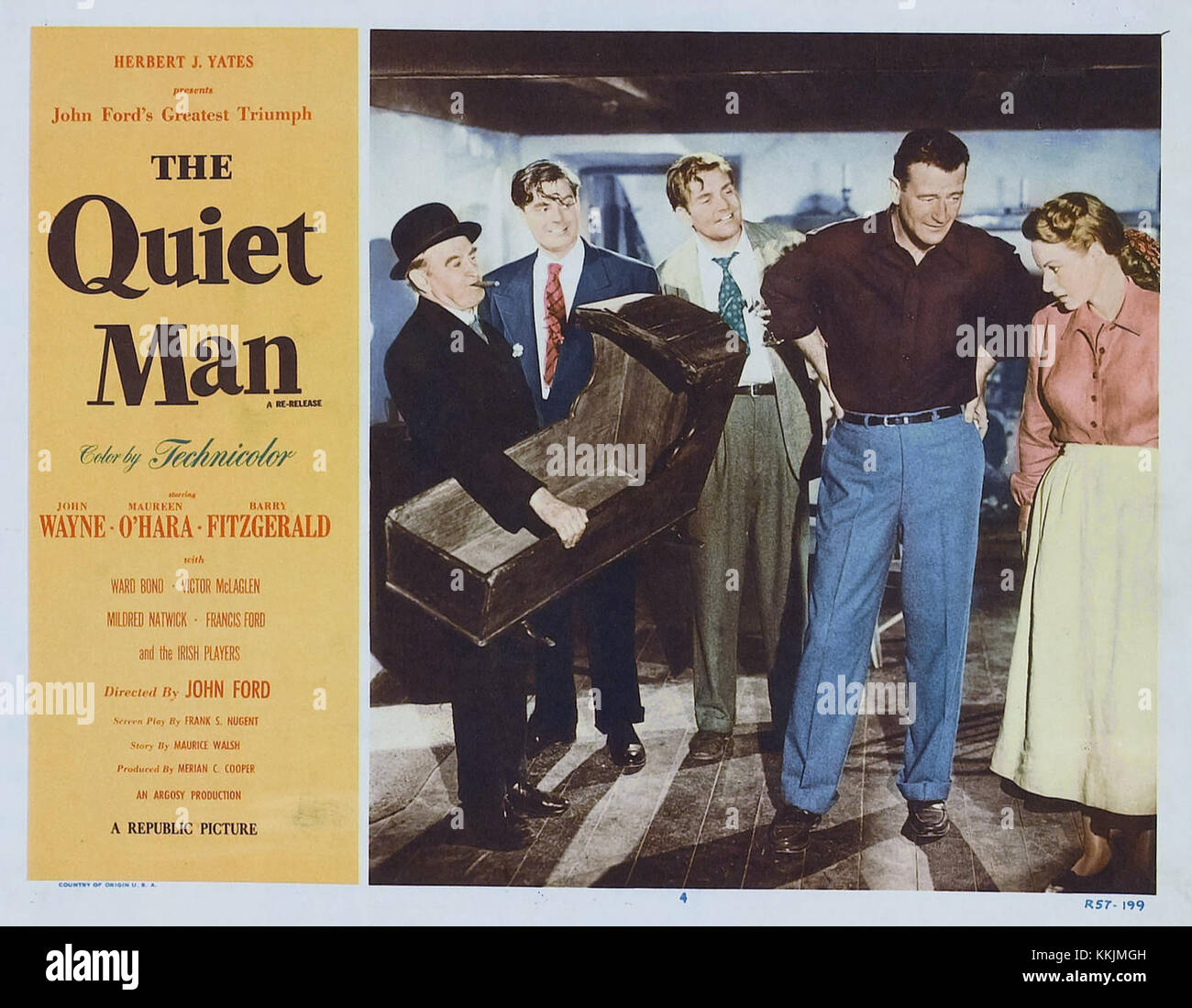 The Quiet Man is a classic 1952 film directed by John Ford, starring John Wayne and Maureen O'Hara. The lobby card features promotional material for the film. Stock Photo