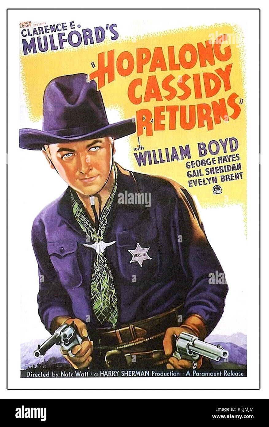 The 'Hopalong Cassidy Returns' film poster promotes the 1952 western film starring William Boyd as the iconic cowboy hero. The film follows Hopalong Cassidy on another adventure in the Old West. Stock Photo