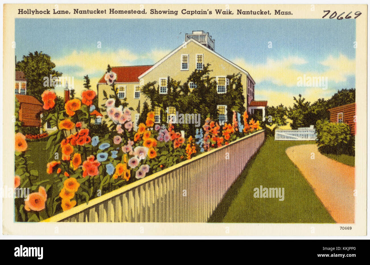 Hollyhock Lane, Nantucket Homestead, showing Captain's Walk, Nantucket