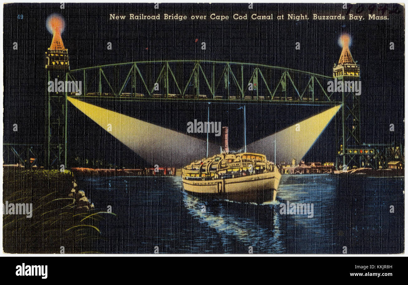 New railroad bridge over Cape Cod Canal at night, Buzzards Bay, Mass