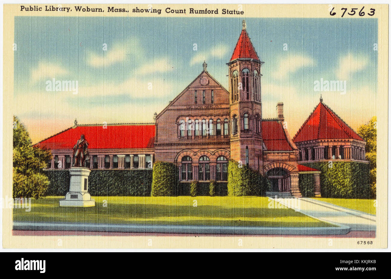 Public library, Woburn, Mass., showing Count Rumford Statue (67563) Stock Photo