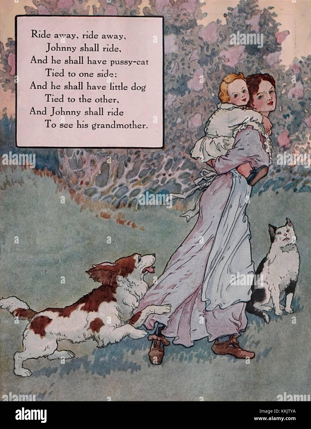 Ride Away, ride away, Johnny shall ride, and he shall have pussycat tied to one side; and he shall have little dog tied to the other, and Johnny shall ride to see his grandmother - Mother Goose Mursery Rhyme Stock Photo