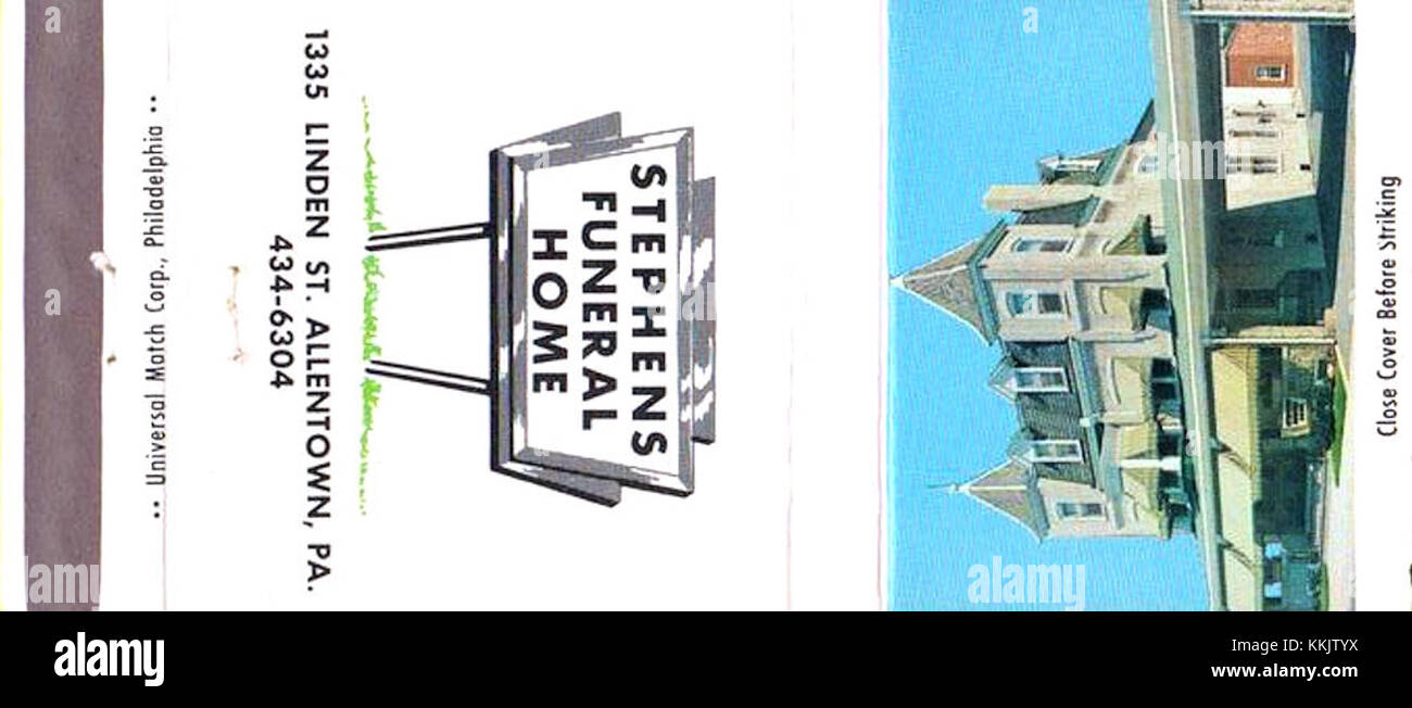 The matchbook cover from Stephens Funeral Home, dating to 1965, serves